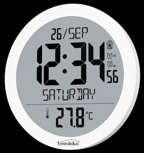 Image of Youshiko Jumbo Large Radio Controlled Wall Clock with Temperature Display, Round, White (UK & Ireland Version)