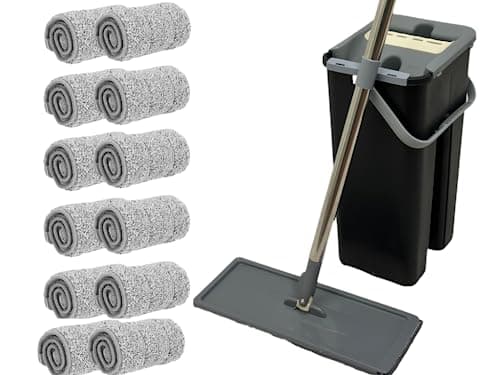 Image of SWISSPACK Floor Mop and Bucket Set − Easy and Simple Squeeze Mop Bucket, Flat Mop with(1 Year Supply) 12-Pack Replacement Machine Washable Microfibre Mop Pads for All Floors Types (Black)