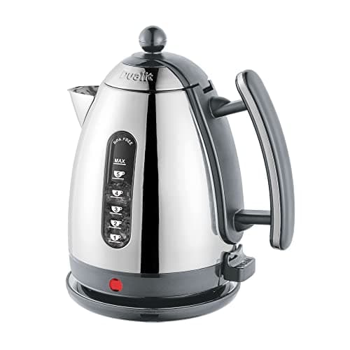 Image of Dualit Lite 1.5L Jug Kettle - Polished Stainless Steel with Black Trim, Fast Boiling, Non-Drip, Dual Measuring Windows, 3kW, 230V, Grey