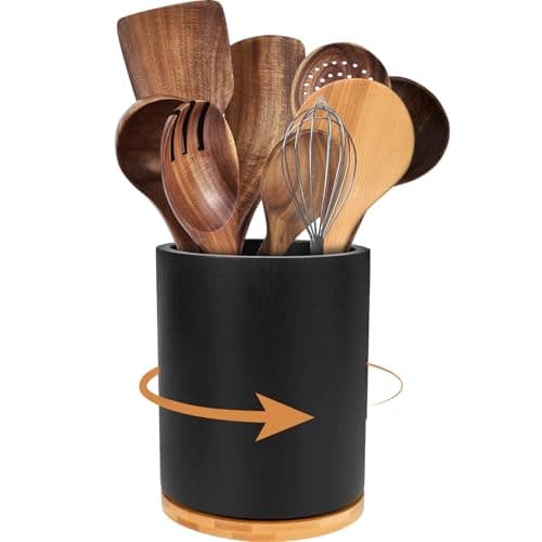 Image of Kuanght Wooden Utensil Holder, 360° Rotating Large Cooking Utensil Holder for Countertop, 7.3x5.9 inch Kitchen Tableware Crock for Kitchen Decor(Black)