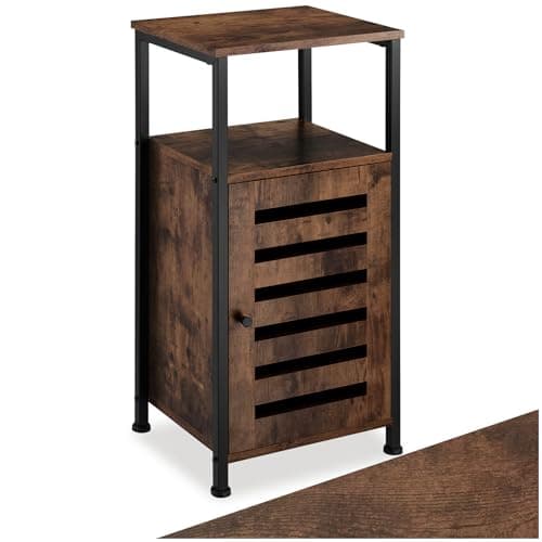 Image of tectake® Modern Bedside Table with Cupboard & Open Compartment, Bedside Cabinet with Steel Frame & Wood-Look Surfaces, Compact Side Table for Bedroom, Living Room, 38.5 x 31.5 x 81 cm - Dark Wood