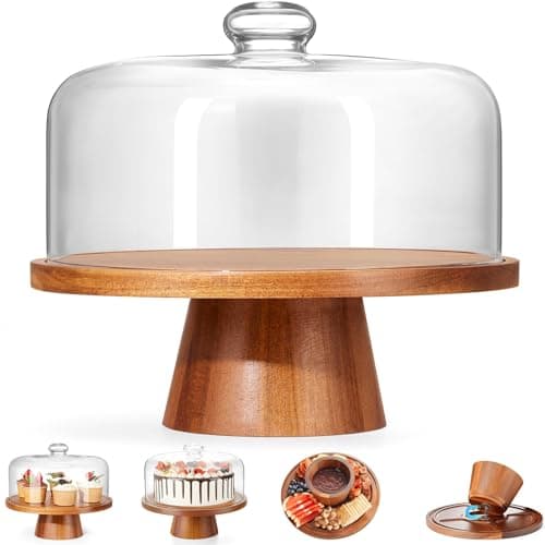 Image of Yangbaga Wood Cake Stand with Glass Dome, 2-in-1 Magnetic Cake Stand with Lid-Multifunctional Cake Plate with Cover for Birthday/Kitchen/Party/Charcuterie Board 11IN