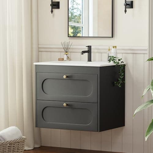 Image of Mepplzian Under Sink Bathroom Cabinet,Bathroom Vanity Units with Basin,Wall Hung Vanity Unit with Wash Basin Ceramic Sink, 2 Drawer Cloakroom Under Sink Storage Cabinet,Wall Mounted 600 mm