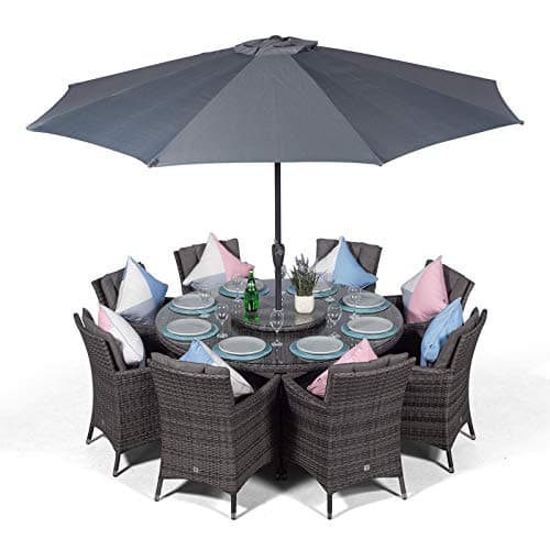 Image of Giardino Savannah Rattan Garden Dining Set 8 Seater Outdoor Round Garden Table & Chairs, Patio Furniture with Parasol & Cover, Aluminium Frame, 155cm, Grey