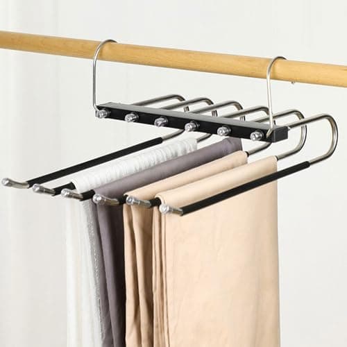 Image of 2 Pack Trouser Hangers Space Saving - 5-in-1 Non-Slip Multi-Layer Space Saving Hanger, Clothes Hangers for Wardrobe, Stainless Steel Pants Hanger Closet Storage for Jeans Scarfs Skirts Towel - Black