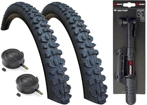 Image of Kenda Smoke 24 x 1.95 Mountain Bike Tyres with Schrader Valve Inner Tubes (PACK OF 2) + MINI PUMP