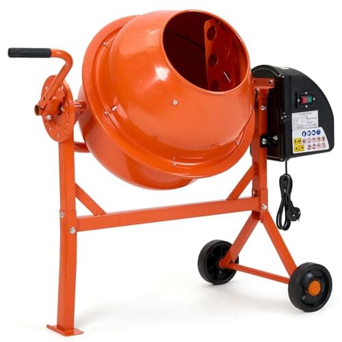 Image of DKIEI 63L Electric Cement Mixer, 220W Concrete Mixer with Wheels and Stand, Portable Mud Mixer Machine for Cement, Stucco, Seeds and Fodder, 230V, 50Hz, 30RPM, Orange