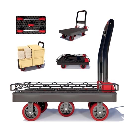 Image of 2IN1 Heavy Duty Platform Trucks Flatbed Carts, 42×26In 2000lbs Capacity Push Cart Dolly Hand Trucks w/Detachable Solid Steel Wire Fence, Collapsible Cage Cart Dolly, 5-Inch Silent TPR Wheels