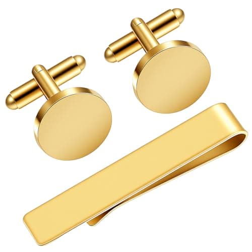 Image of Shimmeroo 3Pcs Gold Tie Clip and Cufflink Set for Men Unique Personalized Cuff Links Set for Business Meeting Dating Wedding Boyfriend Father's Day Gift Daily Wear
