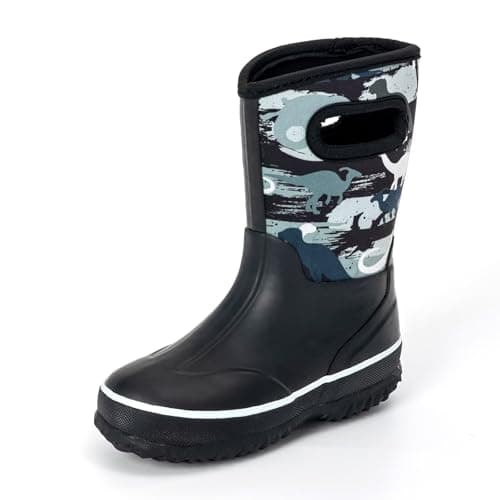 Image of FUNCOO PLUS Kids Neoprene Rubber Wellies for Boys Girls, Dinosaur Mud Wellies Booties Thermal Wellington Wellies Rain Snow Boot, Soft Lined for Outdoors, Walking, Files, School Size 10 UK Child