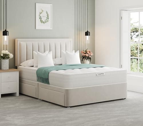 Image of COZY HUB LTD Lizzie Horizontal Bumber Divan Bed with Headboard & No Mattress – Luxury Divan Set with Drawer Storage Options (Silver, 4Ft6-4 Drawers)