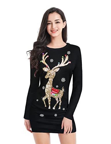 Image of v28 Varied Ugly Christmas Sweater for Women Funny Reindeer Knit Sweaters Dress, Shinning Deer Black, 3XL