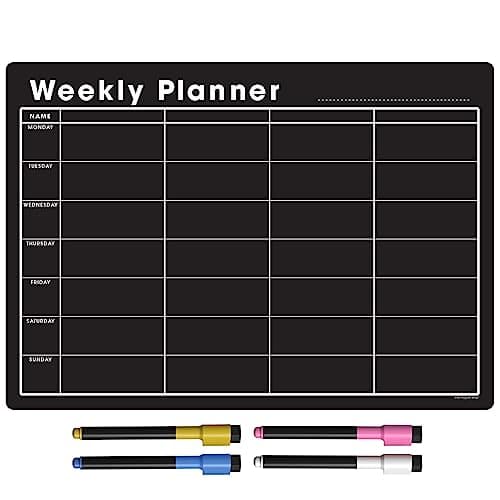 Image of The Magnet Shop A4 / A3 Magnetic Weekly Planner and Organiser – Fully Customisable Whiteboard for Family or Business Tasks and Meal Planning - with 4 Free Magnetic Dry Wipe Pen (Black Chalkboard, A3)