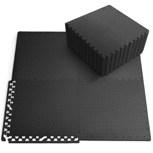Image of KAYMAN 16 Pack (60x60 cm) Gym Floor Nonslip Mats, Interlocking, EVA Foam Exercise Floor Tiles for Home Workouts, Studio, Weights, Exercise and Yoga, Black, 62 sq ft