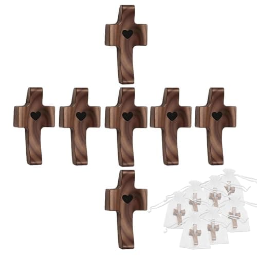 Image of Embhlitfe 7Pcs Wooden Crosses Handheld with 7 White Organza Bags, Cross My Heart Hand-Held Walnut Crosses, Small Wooden Cross for Stress Relief, Prayer & Christian Gifts