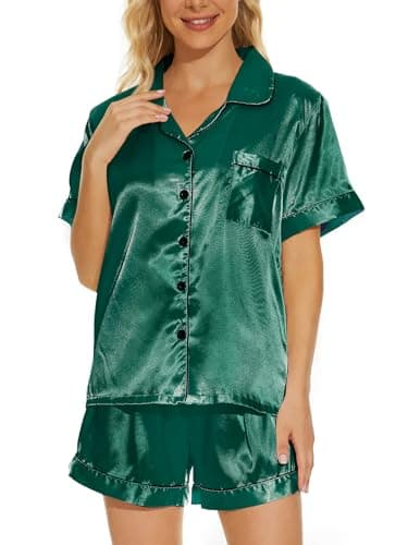 Image of MyFav Womens Silk Satin Pajamas Set Short Sleeve Loungewear Two-Piece Sleepwear Button-Down Pj Sets,Green,L