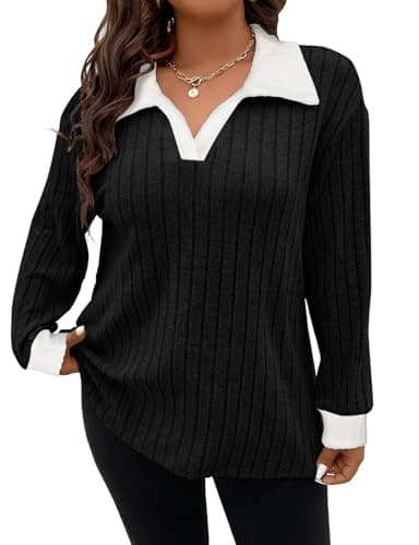 Image of Gemulate Clothes for Women v Neck Jumpers Women Knitted Tunic Blouses Ladies Long Sleeve Tops Going Out Tops Womens Sweatshirts UK Pullover Sweaters G-Black XXL