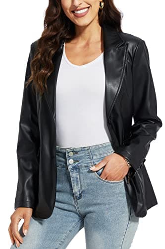 Image of Fahsyee Women's Faux Leather Blazer Jackets Women, Motorcycle Vintage Moto Biker Coat Vegan Pleather Fashion Black S
