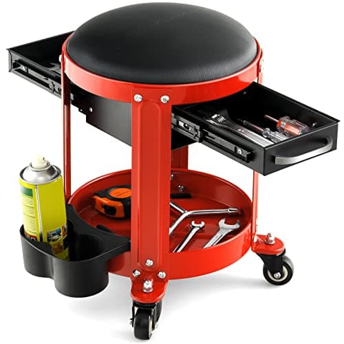 Image of COSTWAY Rolling Workshop Creeper Seat, Mechanic Roller Stool with Removable Padded Seat, 2 Drawers Twin Can Holders and Tool Tray, Repair Shop Garage Roller Toolbox Work Seat, 150KG Capacity