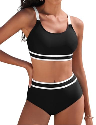 Image of Tuopuda Bikini Sets for Women Two Piece Bikini Top High Waisted Bikini Bottom Tummy Control Ladies Bathing Suits Swimming Costume 2 Piece Padded Beachwear Push Up Swimwear, Black, L
