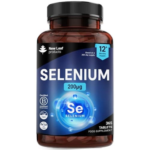 Image of Selenium Tablets - 365 Vegan Selenium Tablets 200µg Per Serving - Supports Normal Immune System & Thyroid Function - 12 Month Supply Made in The UK By New Leaf