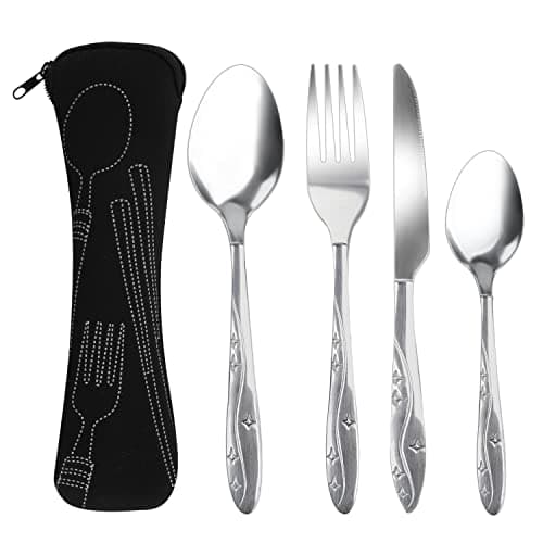 Image of 4 Pcs Cutlery Set with Portable Pouch Case, Stainless Steel Knife and Fork Flatware Set Camping Utensil Set for Picnic School Office Mirror Polished Dishwasher Safe(Black)
