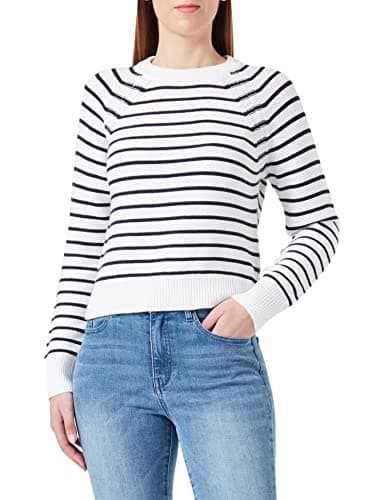 Image of French Connection Women's Lillie Mozart Stripe Crew Neck Jumper Pullover Sweater, Summer White/Utility Blue, M