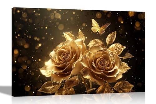 Image of Artley Prints - Shiny Gold Roses and Butterfly Canvas Prints Art for Living Room, Conservatory, Hallway Office Home Decoration Pictures 30 x 20cm (12 x 8 inches) A4