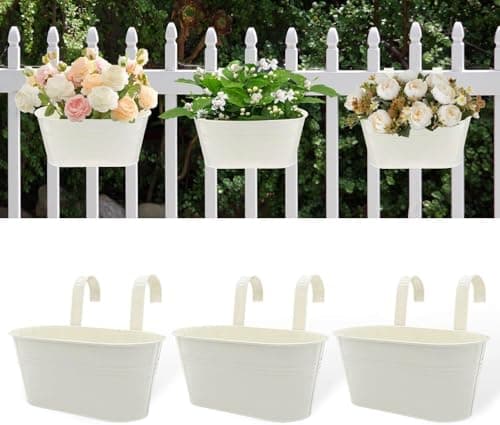 Image of vensovo 28 CM Hanging Flower Pots Indoor - 3 PCS White Metal Iron Buckets with Removable Hooks and Drainage Holes, Large Hanging Planters for Railing Fence Outdoor, Great for Garden, Home Decor