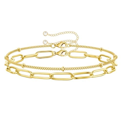 Image of Macachii 2Pcs Gold Bracelets Set for Women 925 Sterling Silver 14K Gold Plated Dainty Layered Paperclip Link & Bead Chain Adjustable Stackable Hypoallergenic Birthday Gifts for Her Wife Mom