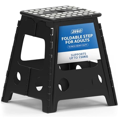 Image of ZENO Step Stool 16 Inch | Folding Stool | Heavy Duty Foldable Stools for Adults & Kids | Folding Stools for Kitchen, Bathroom, Bedroom | Lightweight & Easy To Carry | Holds 150KG | Black