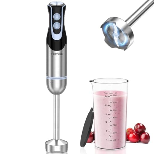 Image of FRESKO Stainless Steel Hand Blender, 1200W Electric Stick Blender with 12 Speed and Turbo Mode, Heavy Duty Copper Motor Immersion Blender,700ml Beaker for Baby Food, Smoothies, Soup, BPA-Free