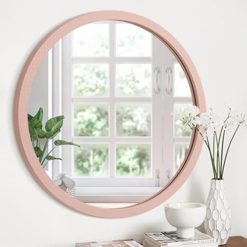 Image of JJUUYOU Wall Mounted Mirror Circle Mirror Round 50CM Vintage Wood Frame Mirrors Circular Mirrors for Bathroom Living Room Bedroom Dormitory Washroom Use,Pink