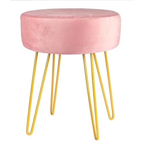 Image of Harbour Housewares Velvet Round Foot Stool - Pink with Gold Legs - Small Modern Dressing Table Stool Pouffe Footstool Vanity Stools Vanity Chairs Footstools for Living Room, Bedroom