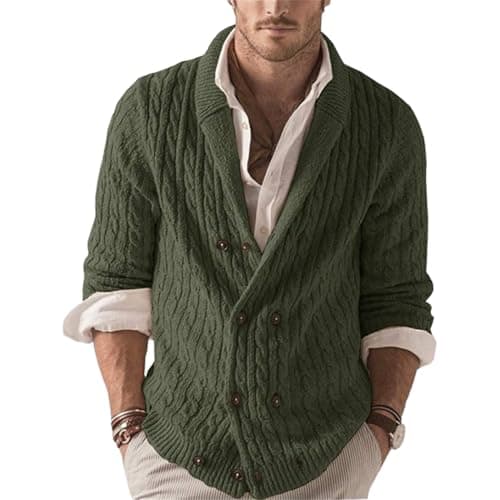 Image of Wekumgy Mens Cable Knit Cardigan Sweater Button Down Open Front Shawl Collar Sweaters Casual Knitwear Ribbed Jackets Army Green