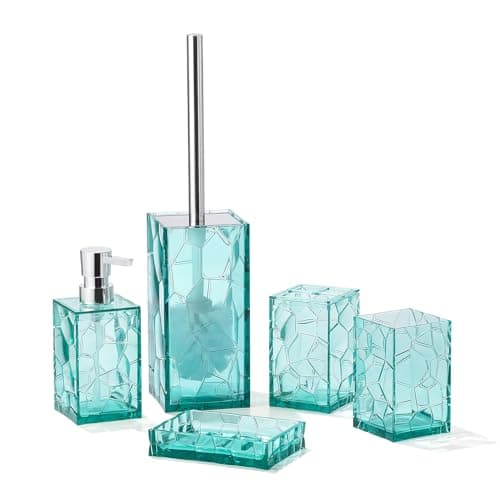 Image of Clear Acrylic Bathroom Accessories Set - Rust-Free, Transparent Design - Includes Soap Dispenser, Toothbrush Holder, Cup, Soap Dish, and Toilet Brush 5-Piece (Teal Blue)