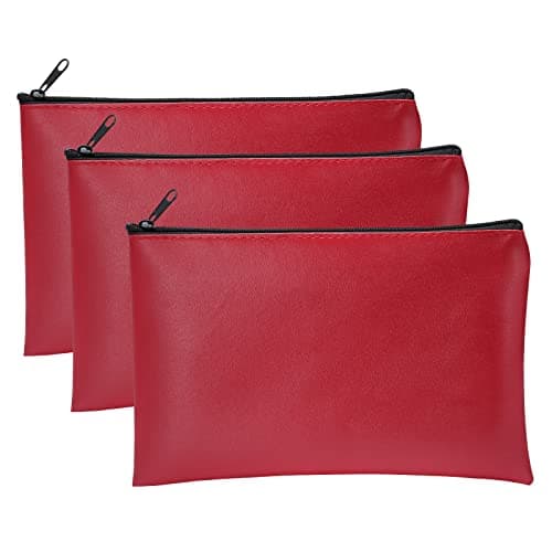 Image of Pack of 3 Faux Leather Bank Bags, 25 x 16 cm, Money Bag for A5 Documents, Money Folder for Business, Household, School (Red)