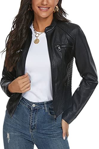 Image of Fahsyee Women's Faux Leather Jacket, Moto Biker Antique-Finished Slim Vegan Motorcycle Zipper Coat Outwear, Black, Size M