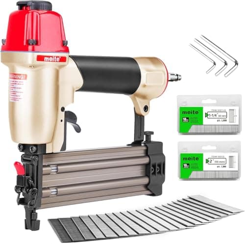 Image of meite F50C Air Brad Nailer with 2000PCS Brad Nails (32mm, 50mm Each Size 1000PCS), Pneumatic 18 Gauge Brad Nailer Small Finish Nail Gun for Trim Work, Fires 18 Gauge Brad Nails 15 mm to 50 mm