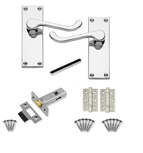 Image of Golden Grace Victorian Scroll Latch Door Handles in Polished Chrome with 1 Pair of 3" Ball Bearing Hinges & Latches Pack - 1 Set - 120mm x 40mm Backplate