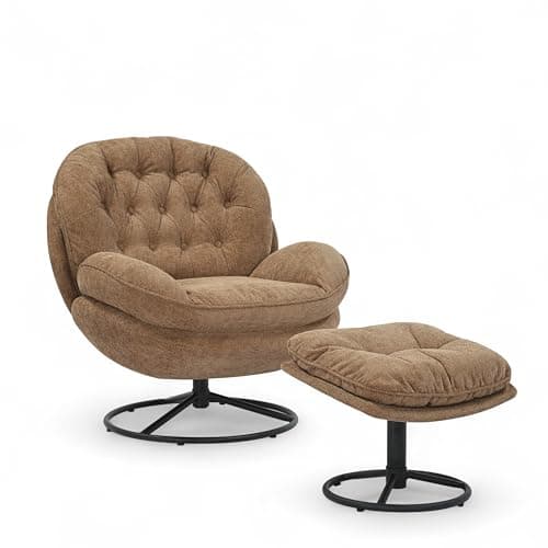 Image of AZURA Plush Woven Fabric Swivel Cuddle Chair & Footstool Set – Elegant Buttoned Brown Swivel Armchair with 360° Rotation & Metal Base, Reading Nursing & Accent Chair for Living Room, Bedroom,Office