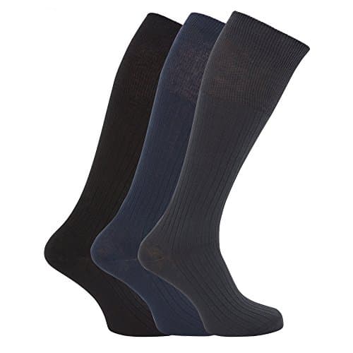 Image of Mens Ribbed Knee High 100% Cotton Socks (Pack Of 3) (6-11) (Black/Blue/Grey)