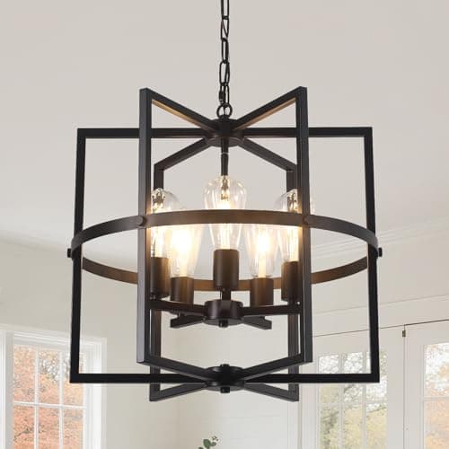 Image of Febeleven 5-Lights Black Pendant Ceiling Light, Industrial Pendant Light Fitting Chandelier Hight Adjustable Lighting for Kitchen Islands, Dining Rooms, Foyer