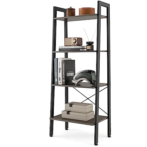 Image of COSTWAY 4-Tier Ladder Bookshelf, Industrial Bookcase Storage Shelving Unit with Anti-Tipping Kits, Freestanding Metal Frame Wooden Display Rack Shelf for Living Room Office (56x32x138cm, Grey Oak)