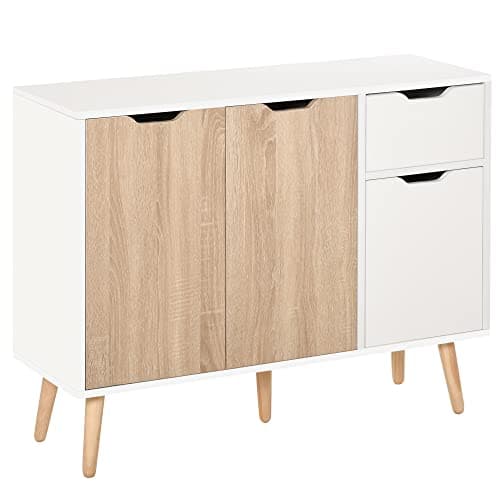 Image of HOMCOM Sideboard Floor Standing Storage Cabinet with Drawer and Solid Wood Legs for Bedroom, Living Room, Home Office, Natural