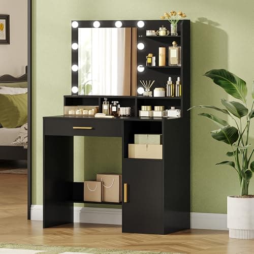 Image of Hzuaneri Dressing Table with Mirror and 10 Bulb Lights, Vanity Table, Makeup Vanity with 3 Shelves & 4 Open Compartments, Large Drawer & Cabinet, Adjustable Lighting Brightness, Black VT08106XUK