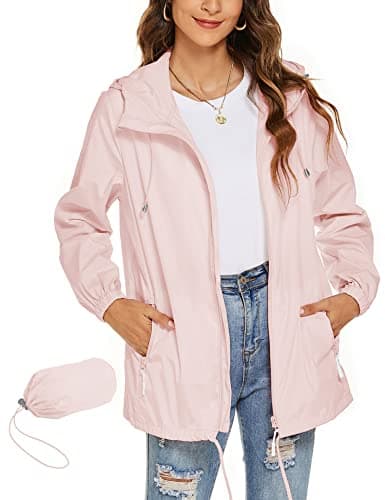 Image of Rapbin Outdoor Waterproof Jackets for Women Lightweight Spring Rain Jacket Packable Hooded Thin Raincoat Windbreaker(Pink,L)