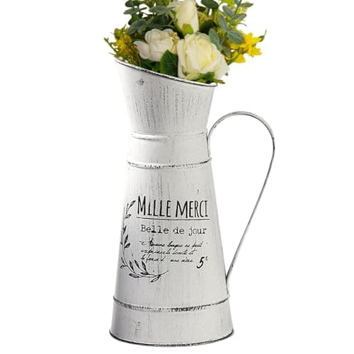 Image of LOSYHU Shabby Chic Vintage Vase, French Farmhouse Style Galvanized Flower Vases Rustic Pitcher Vase Flower Bucket Metal Jug Vase for Garden Planter Home Decoration