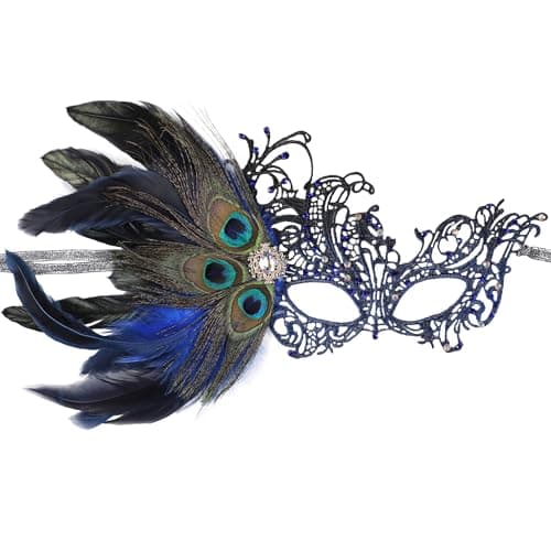 Image of ETOFETE Lace Feather Masquerade Mask for Women - Elegant Ladies Half Face Eye Mask for Halloween Masquerade Ball Prom Party Costume