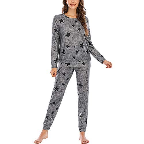 Image of Chiatai Womens Pyjamas Set Long SleeveCasual Soft Cotton Sleepwear Star Print Nightwear Pjs Lounge Sets Black Stars S